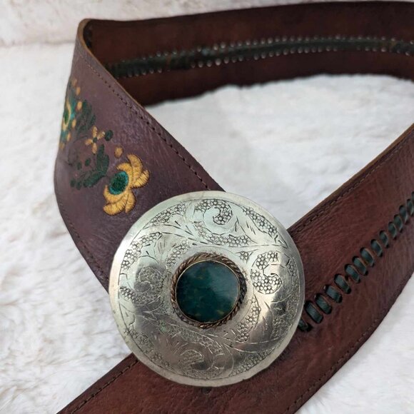 Detailed Stitching Genuine Leather Belt with Silver Belt Buckle made in Mexico - Picture 1 of 12